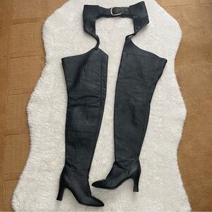 Femmegear vintage black leather thigh high heeled boots w removable chap belt